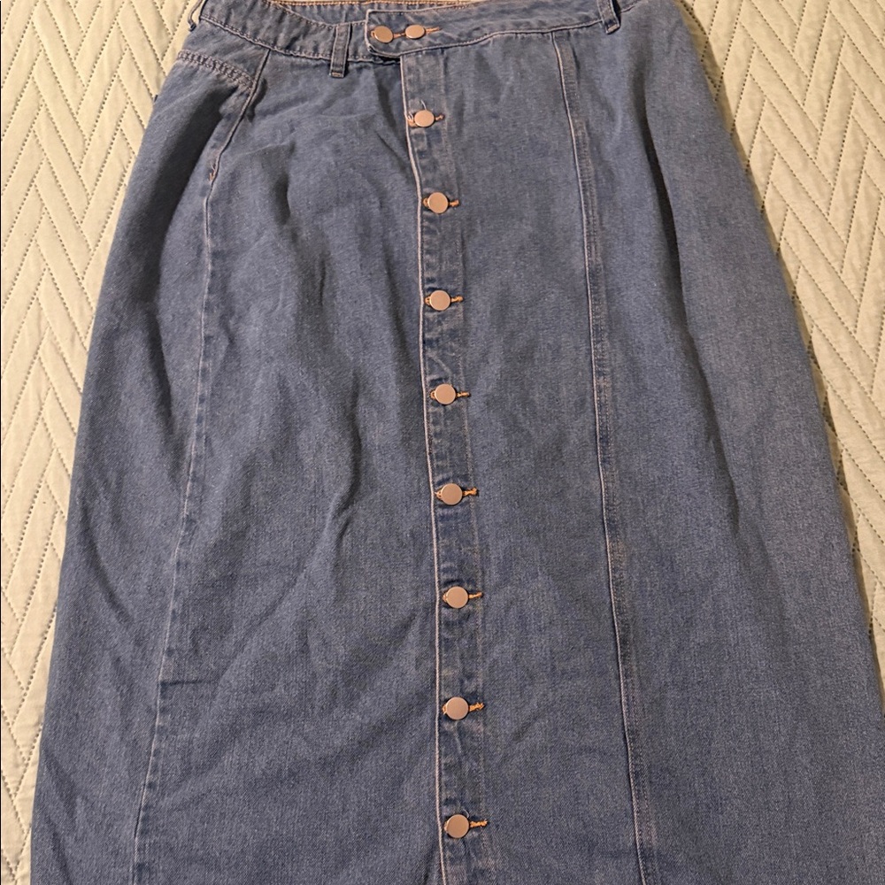 SHEIN Blue Denim Midi Skirt with Button Detail